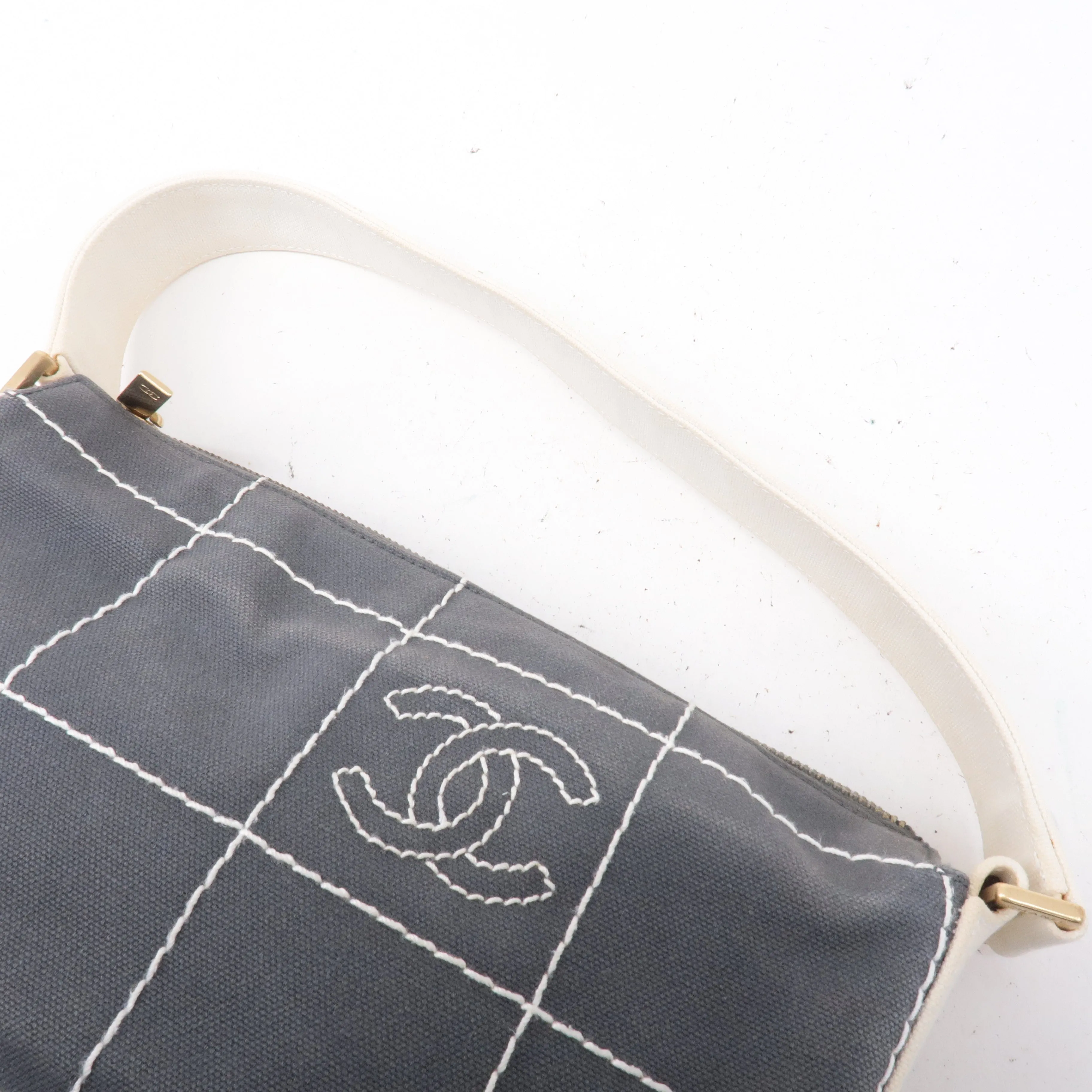 CHANEL Chocolate Bar Wild Stitch Canvas Hand Bag Gray