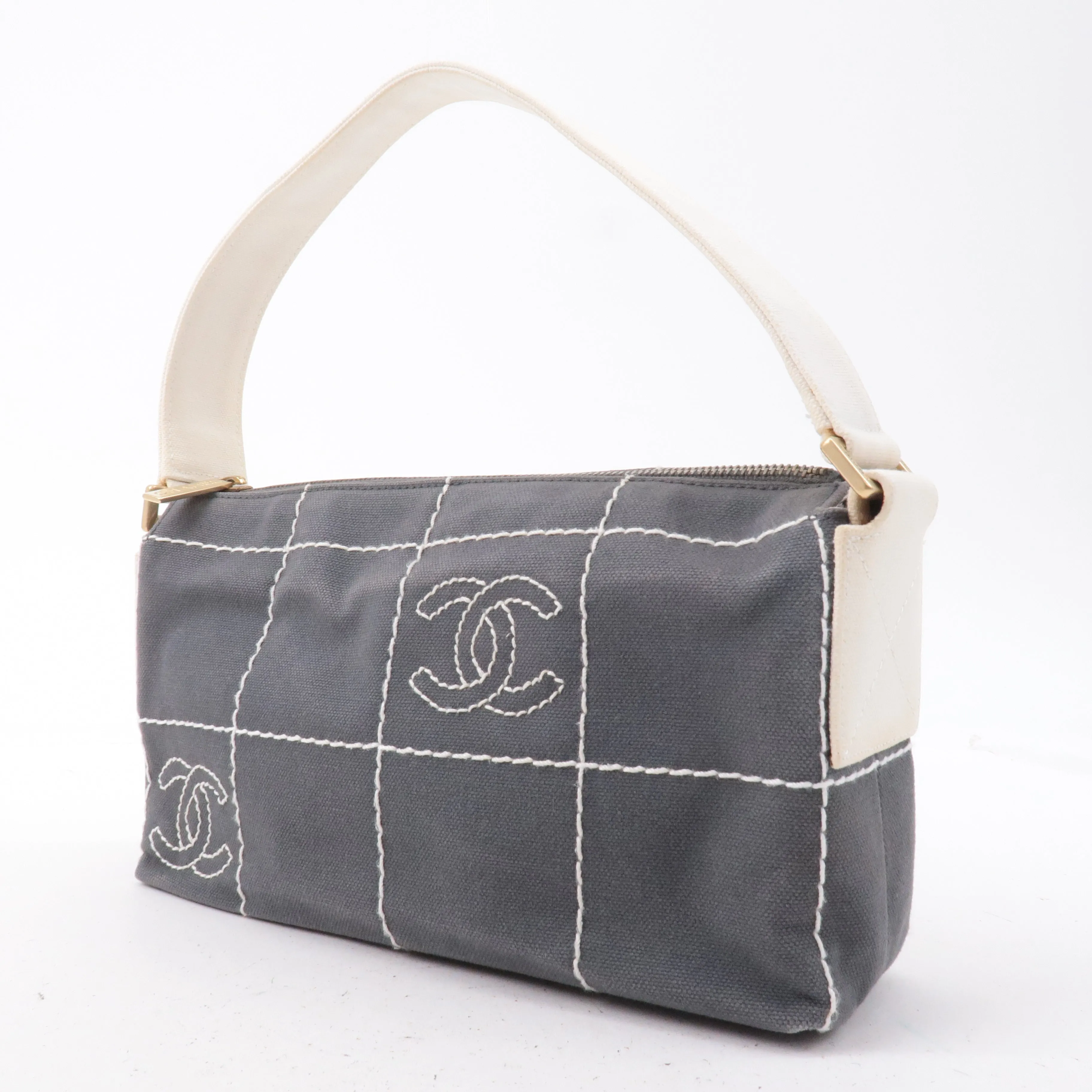 CHANEL Chocolate Bar Wild Stitch Canvas Hand Bag Gray