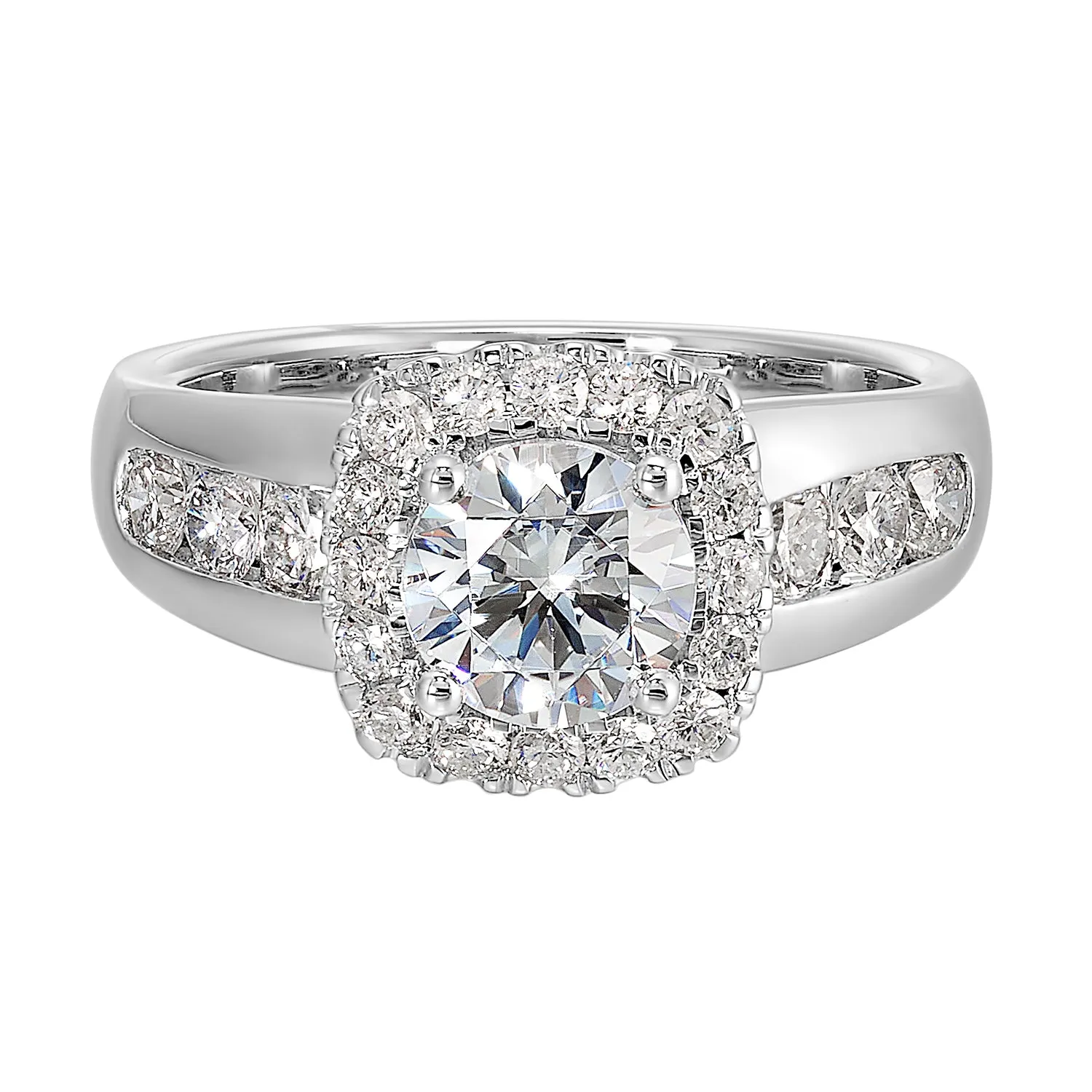 Channel set diamonds wrap this glamorous ring with an addition of cushion halo and solitaire center.