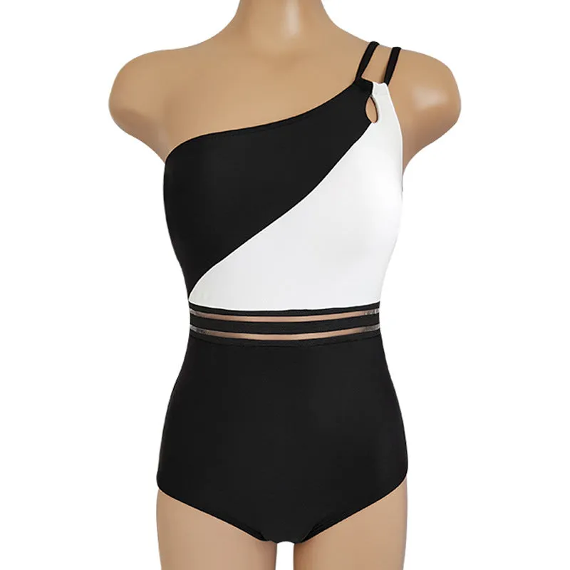 Chic Euro-American Bikini Striking Splice One-Piece Swimsuit