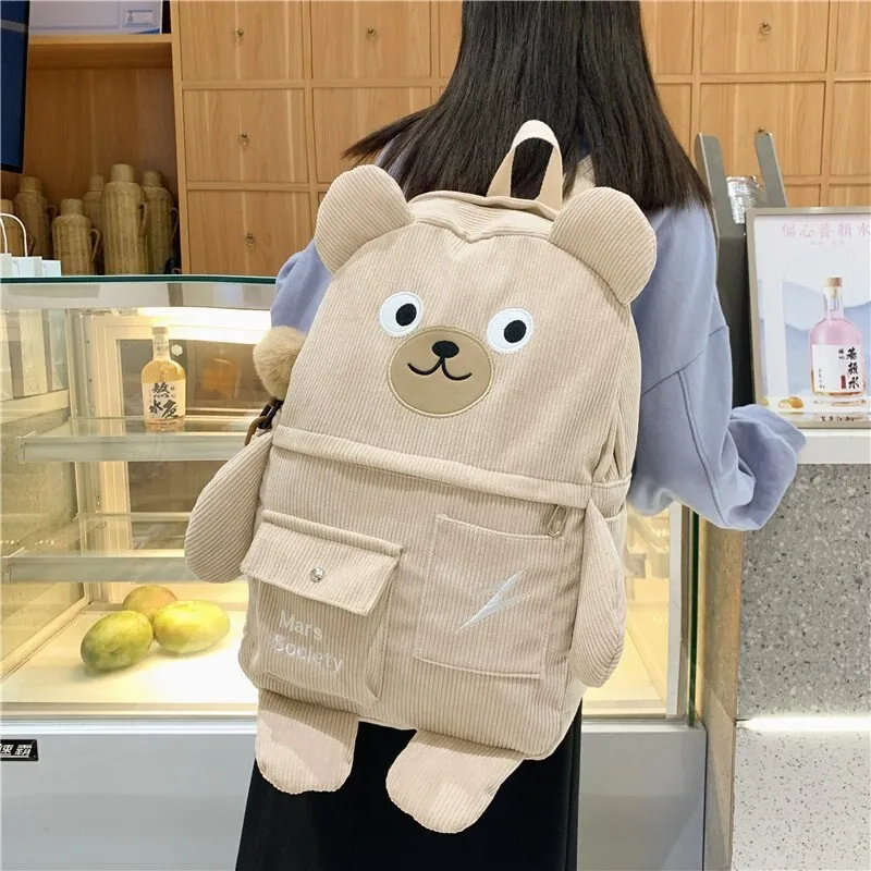Christmas Gift Kawaii Corduroy Bear Backpacks for Cute Women Multi-pockets School Bags Large Capacity Backpack Teenage Girls School Bag Female