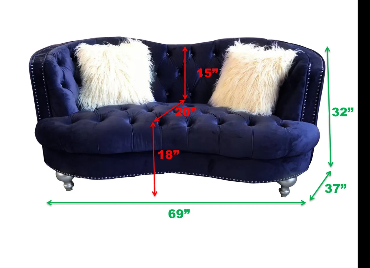 Coastal Blue Velvet Button Tufted Loveseat
