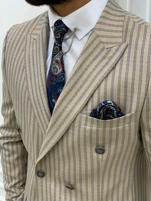 Cream Slim Fit Peak Lapel Double Breasted Striped Suit by GentWith.com