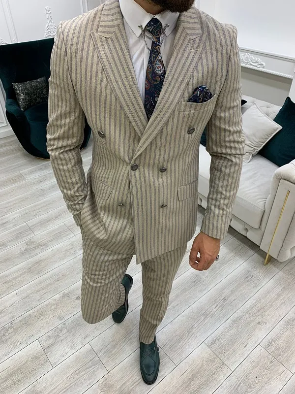 Cream Slim Fit Peak Lapel Double Breasted Striped Suit by GentWith.com