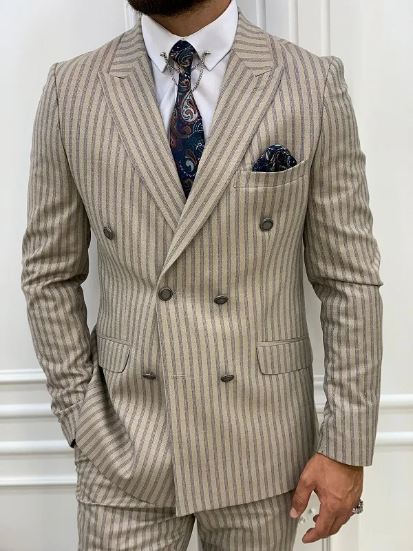 Cream Slim Fit Peak Lapel Double Breasted Striped Suit by GentWith.com
