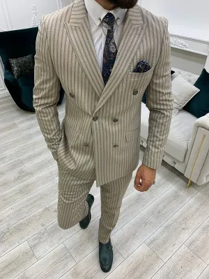 Cream Slim Fit Peak Lapel Double Breasted Striped Suit by GentWith.com