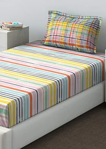 DDECOR Live beautiful Cotton 140 TC 1 Single Stripes Bedsheet with 1 Pillow Cover (75 X 100 Inches/190 X 254 Cm, Orange)