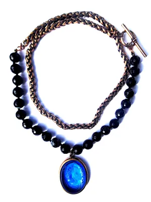 Double Necklace Intaglio Faceted Glass Beads Mesh Rope Chain