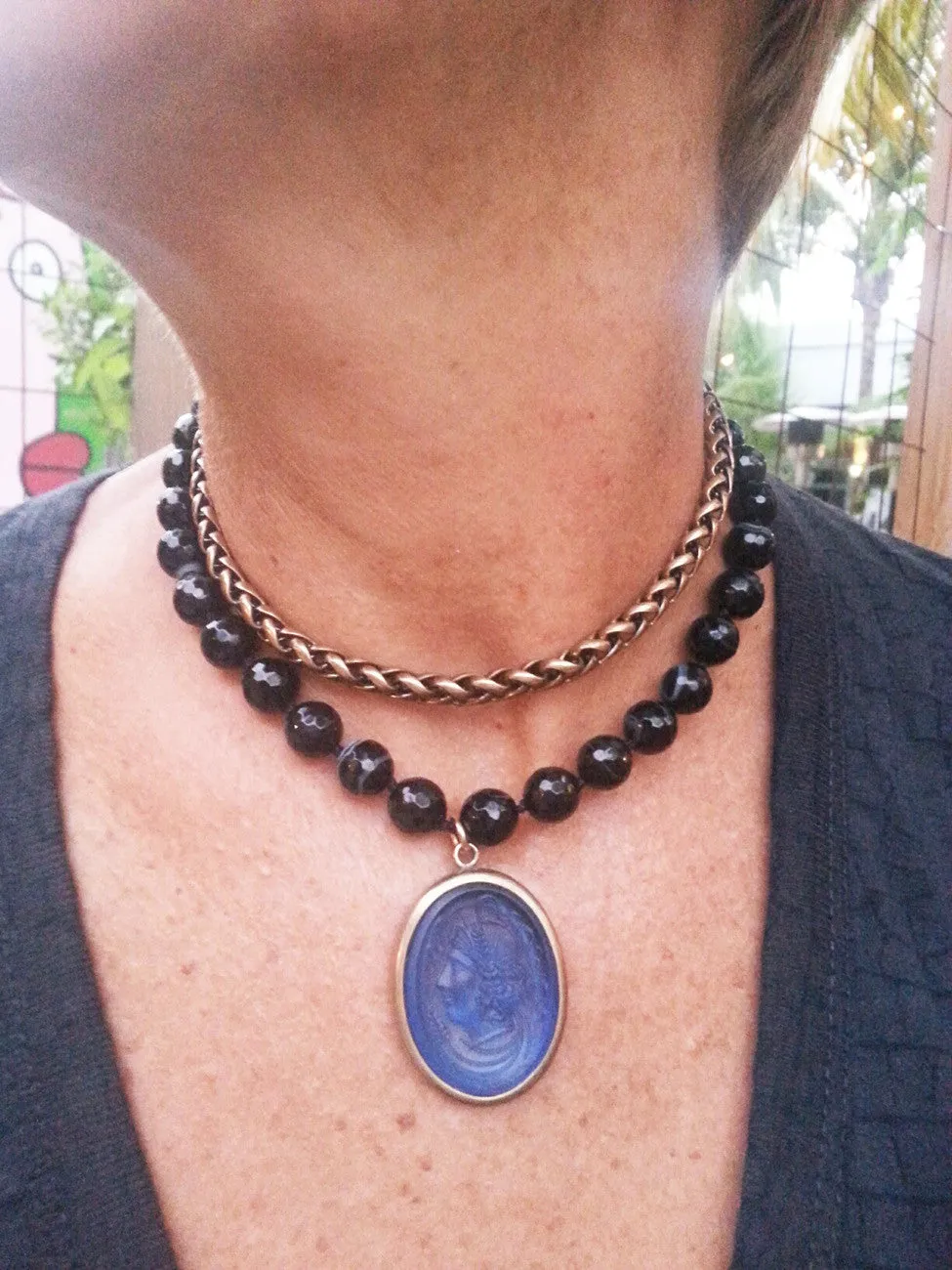 Double Necklace Intaglio Faceted Glass Beads Mesh Rope Chain