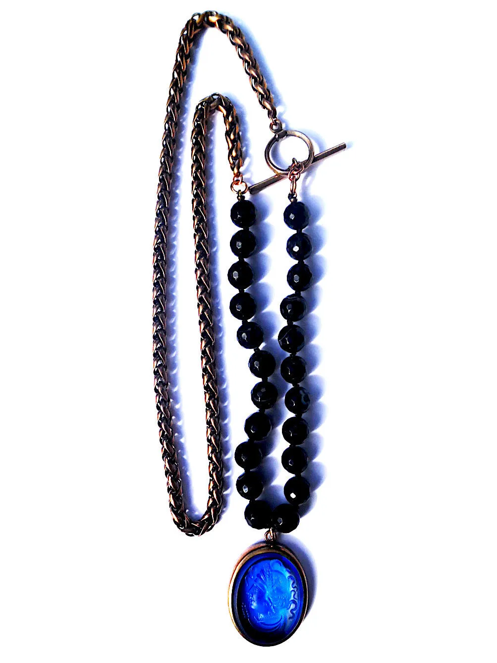 Double Necklace Intaglio Faceted Glass Beads Mesh Rope Chain