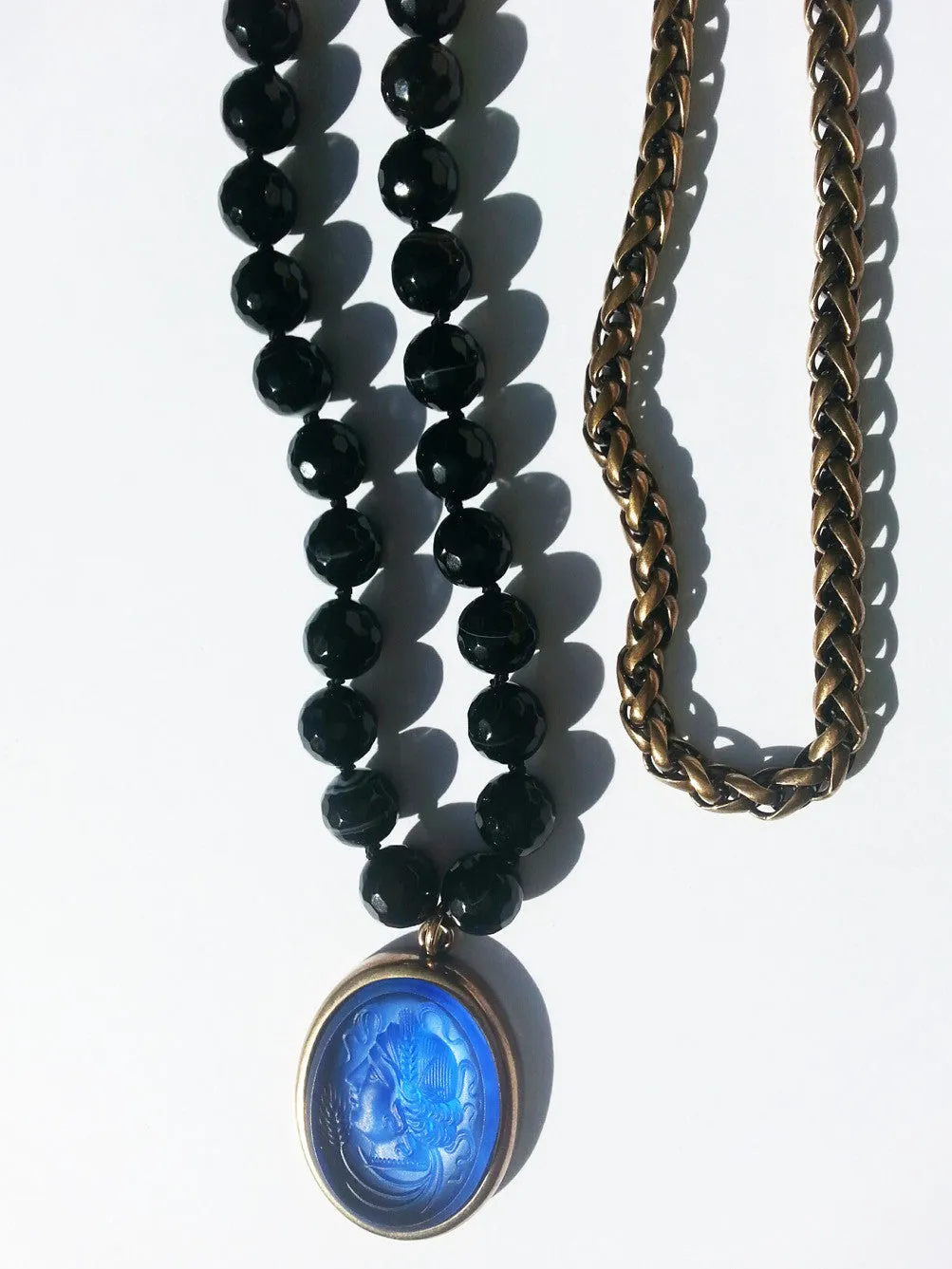 Double Necklace Intaglio Faceted Glass Beads Mesh Rope Chain