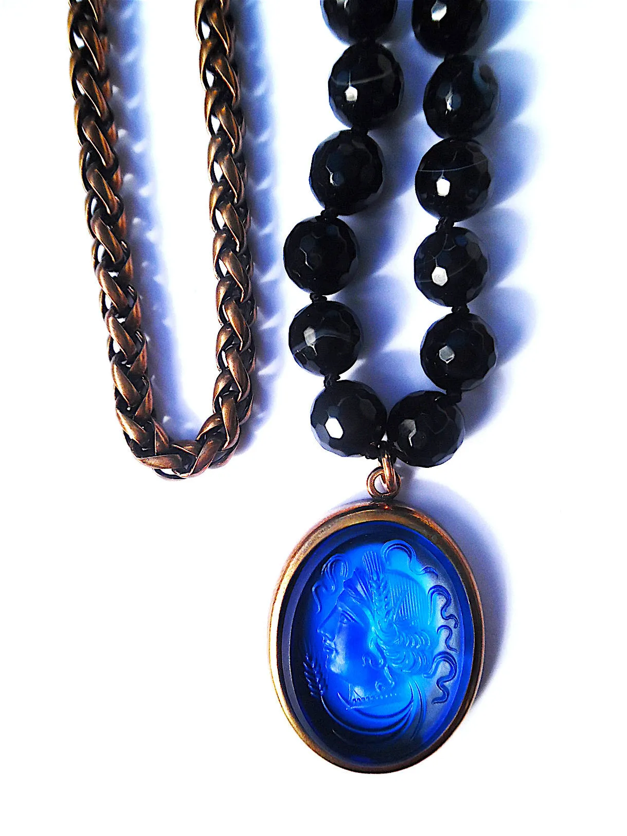 Double Necklace Intaglio Faceted Glass Beads Mesh Rope Chain