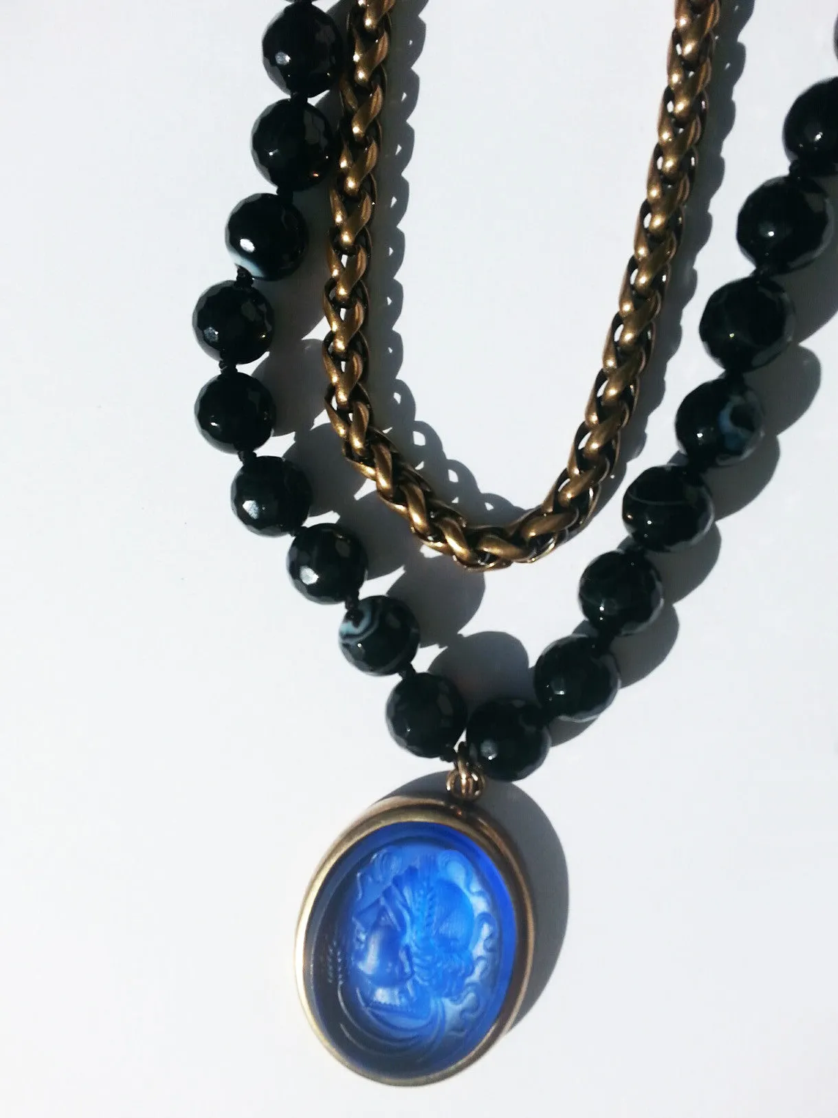 Double Necklace Intaglio Faceted Glass Beads Mesh Rope Chain