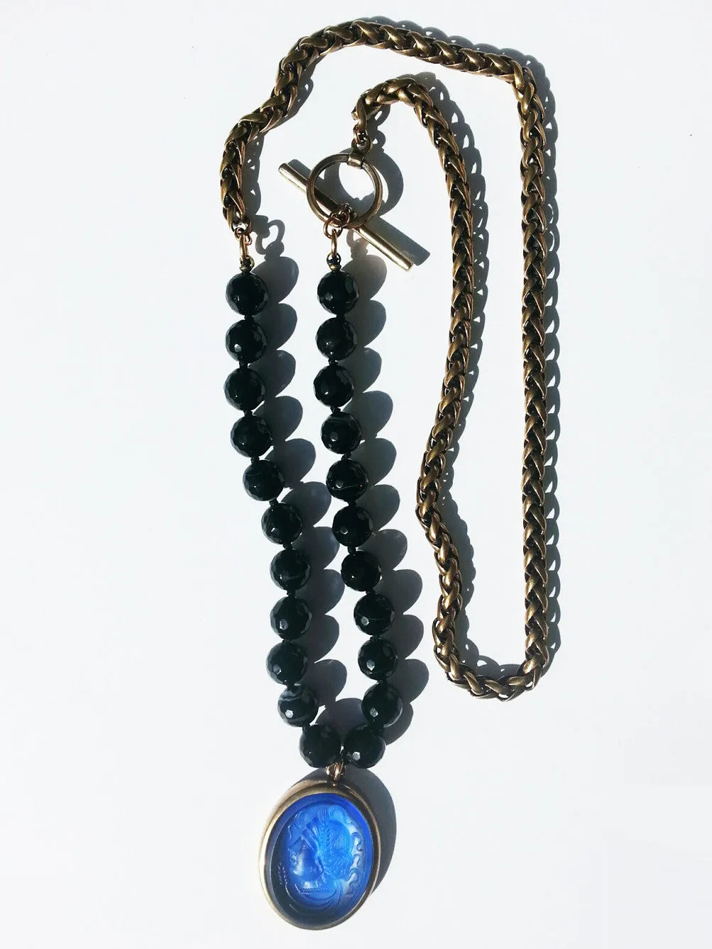 Double Necklace Intaglio Faceted Glass Beads Mesh Rope Chain