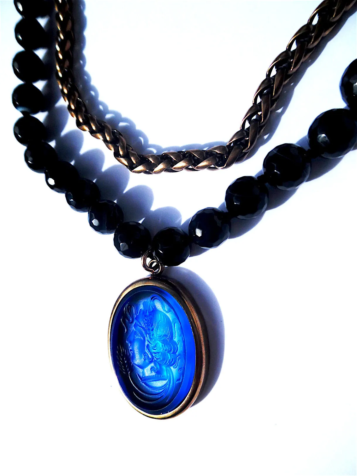 Double Necklace Intaglio Faceted Glass Beads Mesh Rope Chain