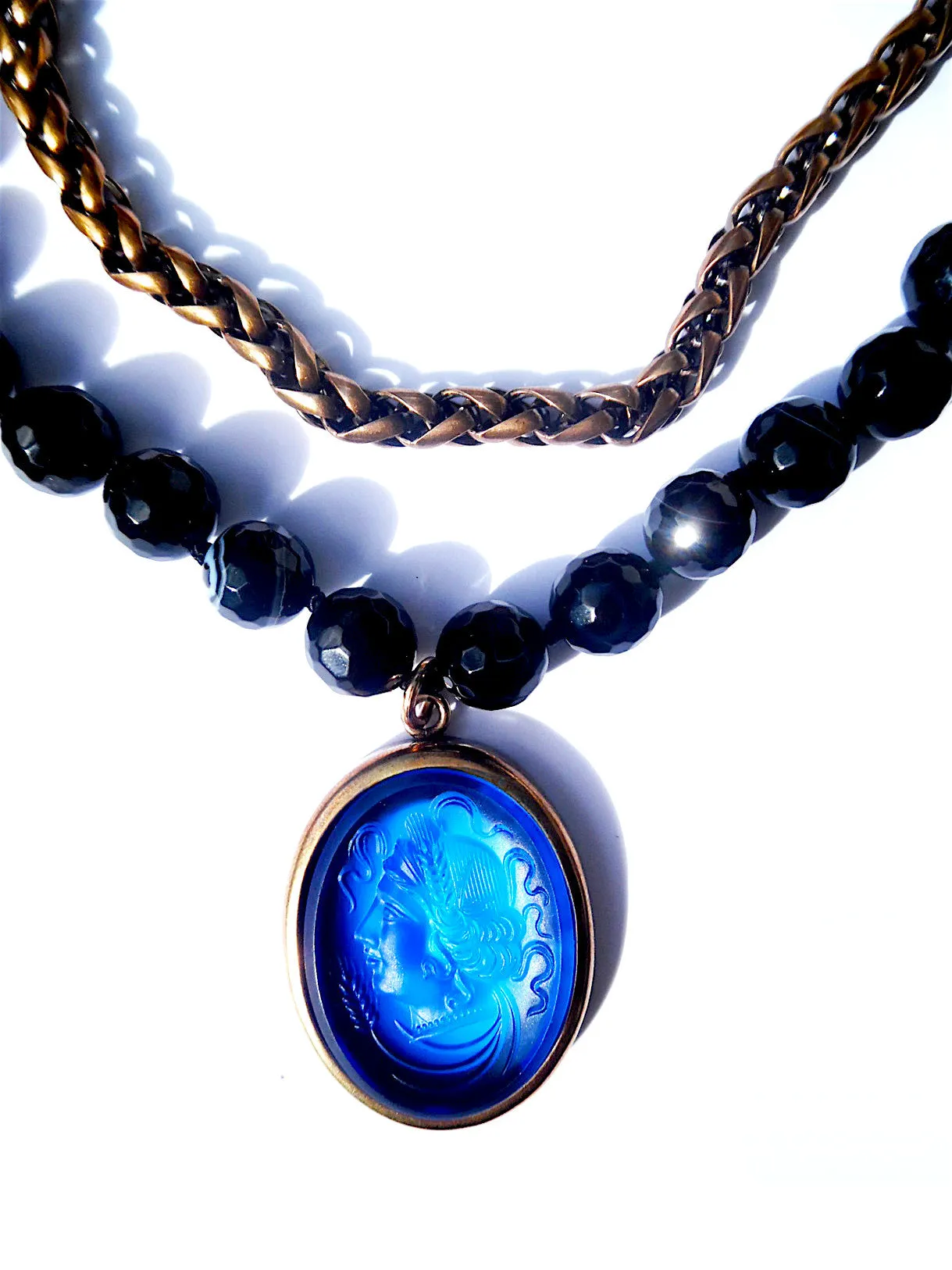 Double Necklace Intaglio Faceted Glass Beads Mesh Rope Chain