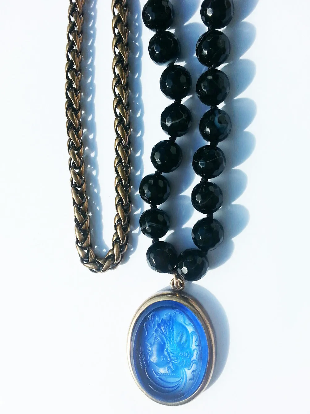 Double Necklace Intaglio Faceted Glass Beads Mesh Rope Chain
