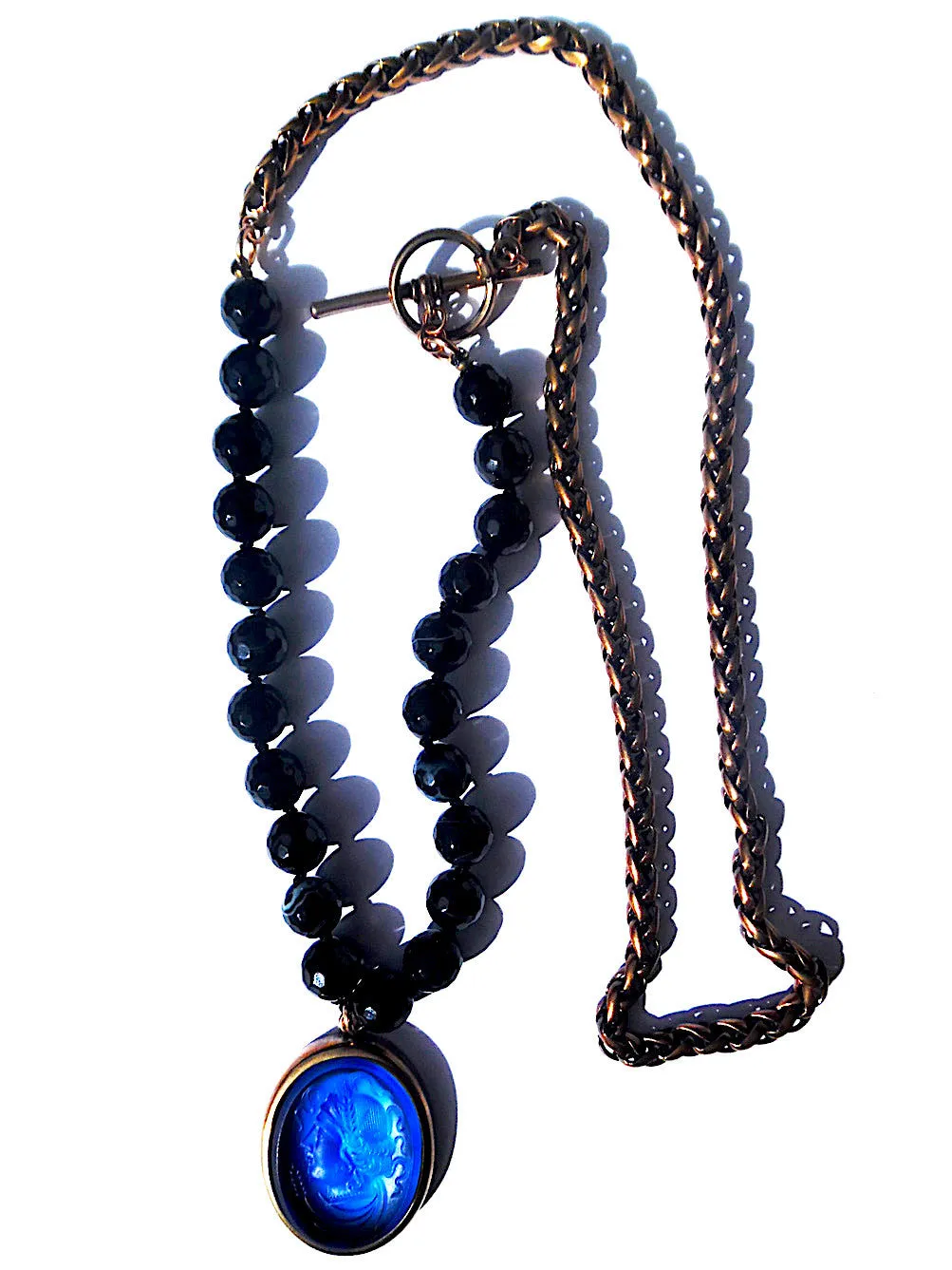 Double Necklace Intaglio Faceted Glass Beads Mesh Rope Chain