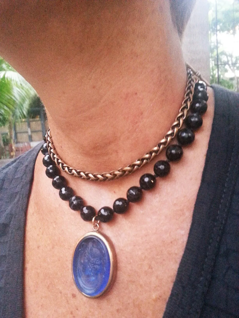Double Necklace Intaglio Faceted Glass Beads Mesh Rope Chain