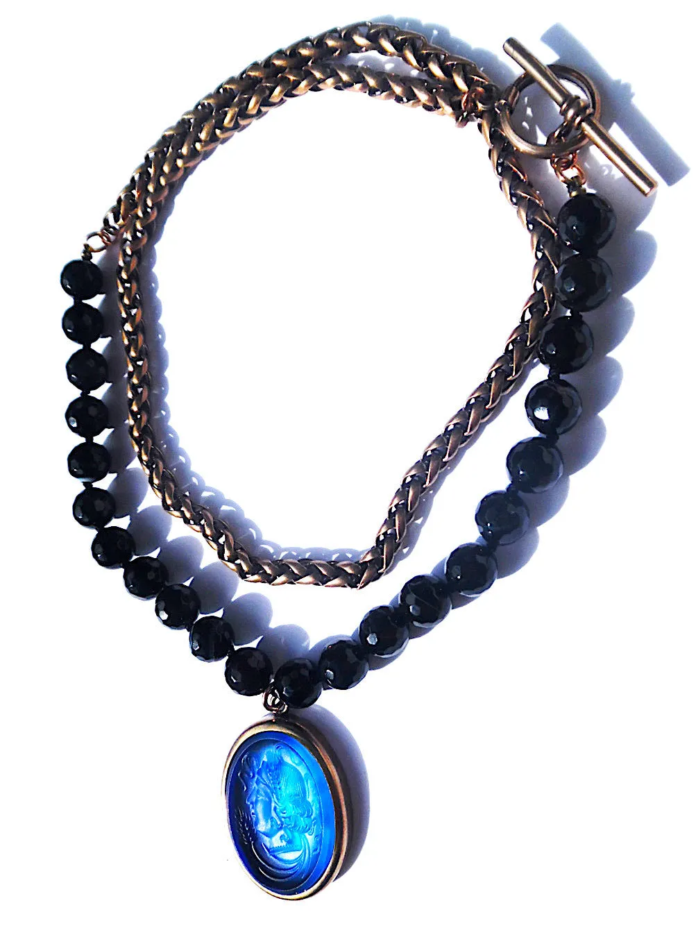 Double Necklace Intaglio Faceted Glass Beads Mesh Rope Chain