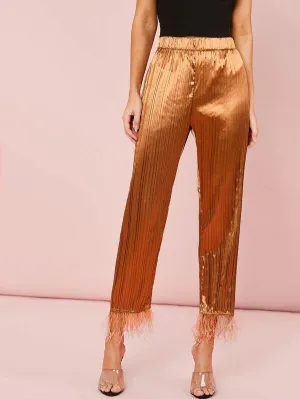Faux Feather Hem Pleated Satin Pants