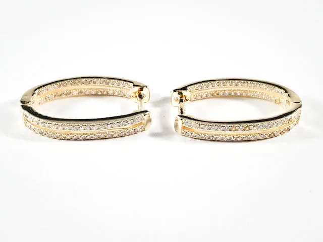 Fine Beautiful Oval Shape Pave CZ Huggie Style Gold Tone Silver Earrings