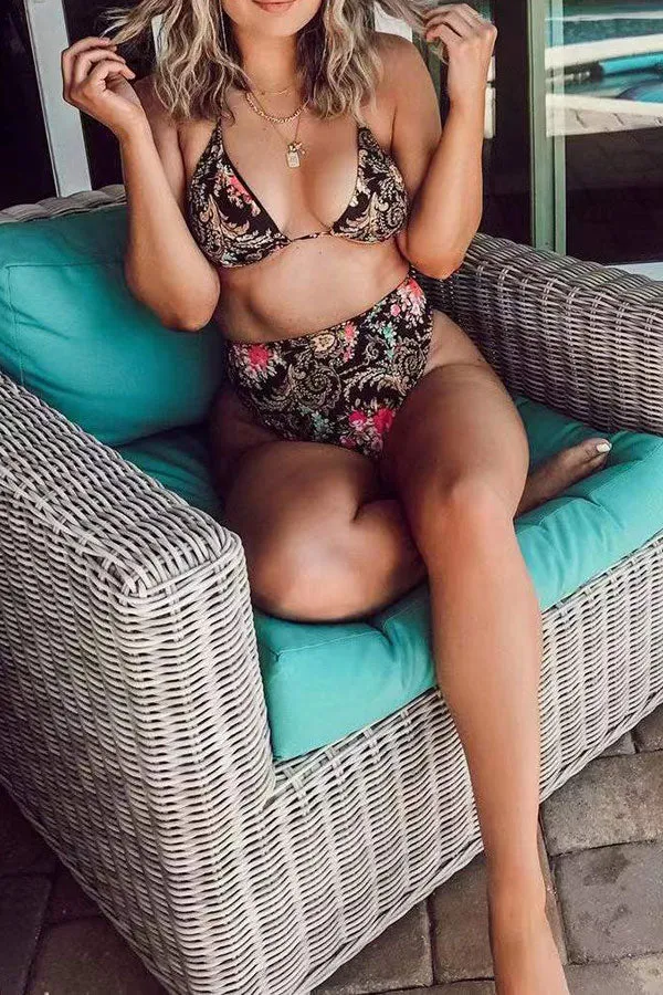 Flower Print Halter Collar High Waist Striking Bikini
