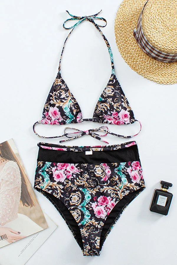 Flower Print Halter Collar High Waist Striking Bikini