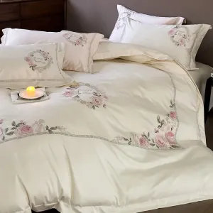 Flytonn-1000TC Egyptian Cotton Cream White/Pink/Green Luxury Bedding Set Chic Flowers Embroidery Duvet Cover Set Bed Sheet Pillowcases