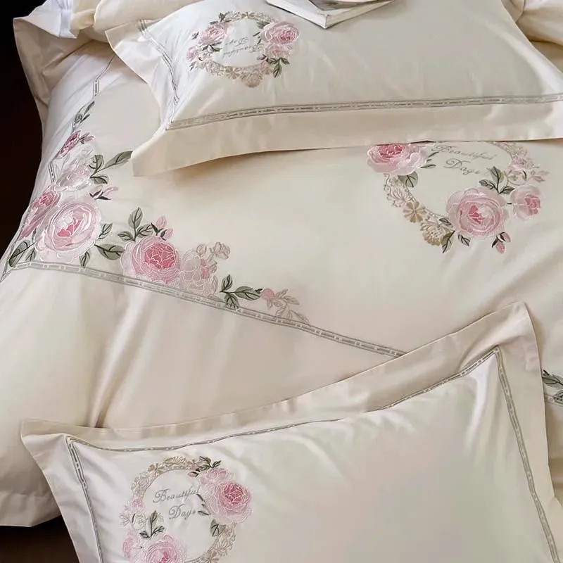 Flytonn-1000TC Egyptian Cotton Cream White/Pink/Green Luxury Bedding Set Chic Flowers Embroidery Duvet Cover Set Bed Sheet Pillowcases