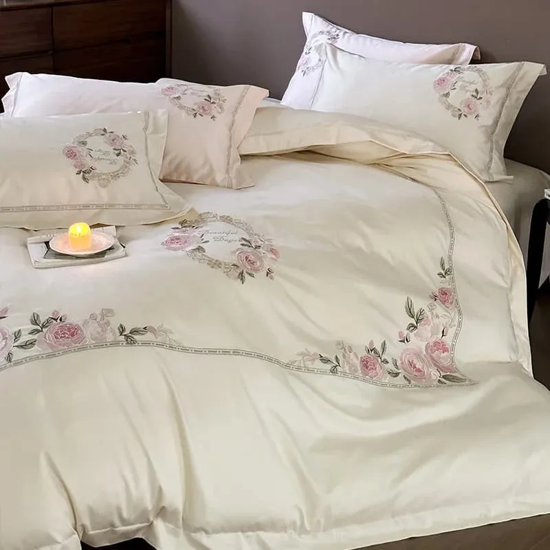 Flytonn-1000TC Egyptian Cotton Cream White/Pink/Green Luxury Bedding Set Chic Flowers Embroidery Duvet Cover Set Bed Sheet Pillowcases