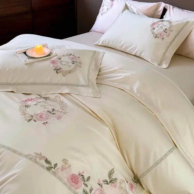Flytonn-1000TC Egyptian Cotton Cream White/Pink/Green Luxury Bedding Set Chic Flowers Embroidery Duvet Cover Set Bed Sheet Pillowcases