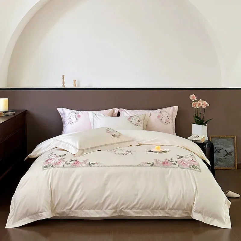 Flytonn-1000TC Egyptian Cotton Cream White/Pink/Green Luxury Bedding Set Chic Flowers Embroidery Duvet Cover Set Bed Sheet Pillowcases