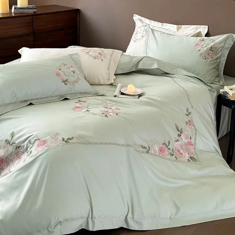 Flytonn-1000TC Egyptian Cotton Cream White/Pink/Green Luxury Bedding Set Chic Flowers Embroidery Duvet Cover Set Bed Sheet Pillowcases
