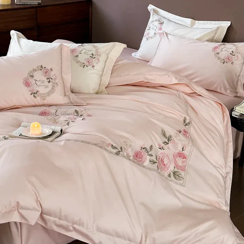 Flytonn-1000TC Egyptian Cotton Cream White/Pink/Green Luxury Bedding Set Chic Flowers Embroidery Duvet Cover Set Bed Sheet Pillowcases