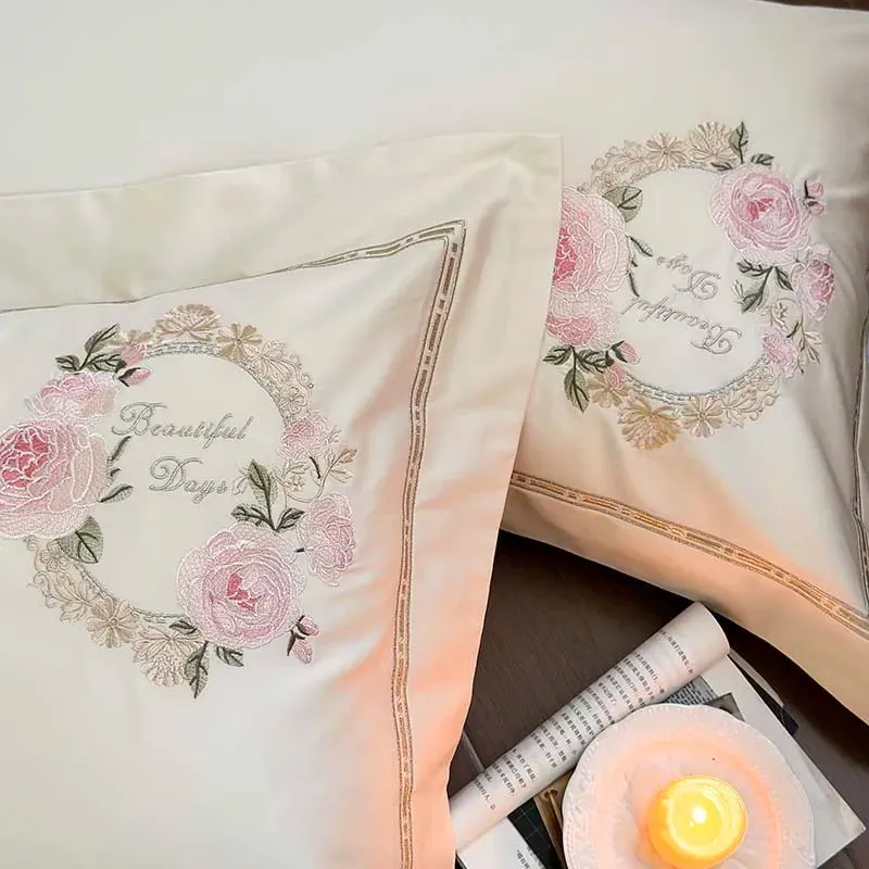 Flytonn-1000TC Egyptian Cotton Cream White/Pink/Green Luxury Bedding Set Chic Flowers Embroidery Duvet Cover Set Bed Sheet Pillowcases