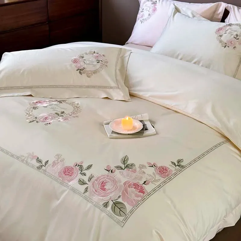 Flytonn-1000TC Egyptian Cotton Cream White/Pink/Green Luxury Bedding Set Chic Flowers Embroidery Duvet Cover Set Bed Sheet Pillowcases