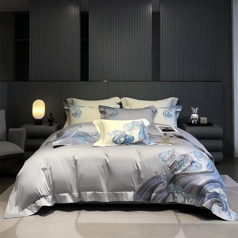 Flytonn-1200TC Egyptian Cotton Luxury Bedding Set Blue Tides Waves Embroidery Duvet Cover Set Flat/Fitted Bed Sheet Pillowcases
