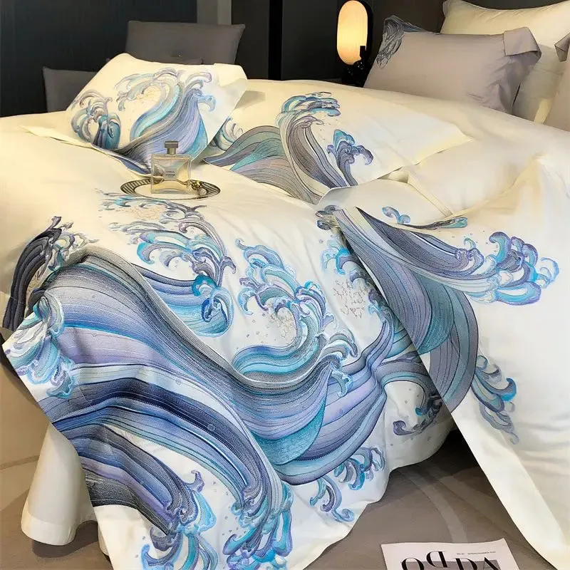 Flytonn-1200TC Egyptian Cotton Luxury Bedding Set Blue Tides Waves Embroidery Duvet Cover Set Flat/Fitted Bed Sheet Pillowcases