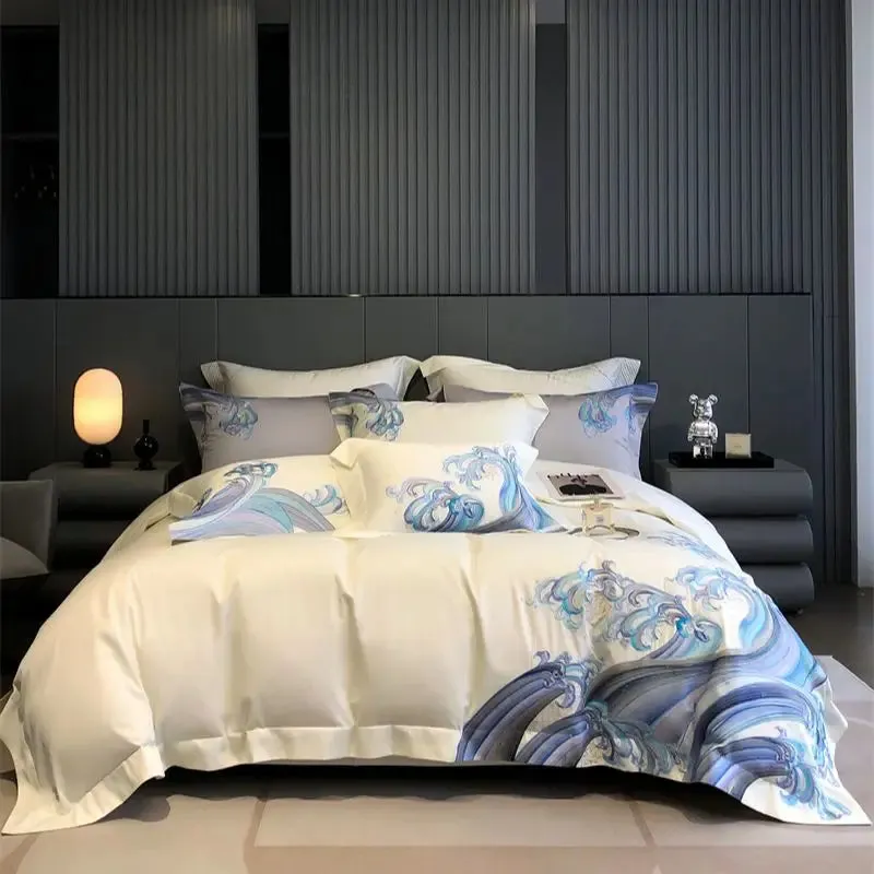 Flytonn-1200TC Egyptian Cotton Luxury Bedding Set Blue Tides Waves Embroidery Duvet Cover Set Flat/Fitted Bed Sheet Pillowcases