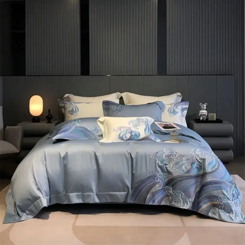Flytonn-1200TC Egyptian Cotton Luxury Bedding Set Blue Tides Waves Embroidery Duvet Cover Set Flat/Fitted Bed Sheet Pillowcases