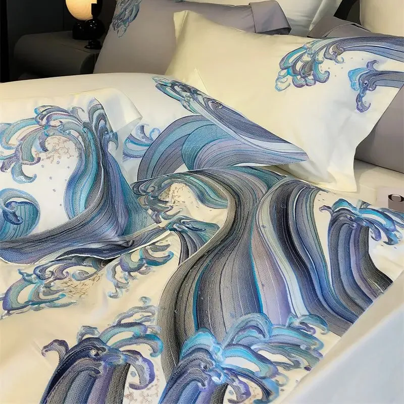 Flytonn-1200TC Egyptian Cotton Luxury Bedding Set Blue Tides Waves Embroidery Duvet Cover Set Flat/Fitted Bed Sheet Pillowcases