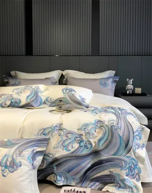 Flytonn-1200TC Egyptian Cotton Luxury Bedding Set Blue Tides Waves Embroidery Duvet Cover Set Flat/Fitted Bed Sheet Pillowcases