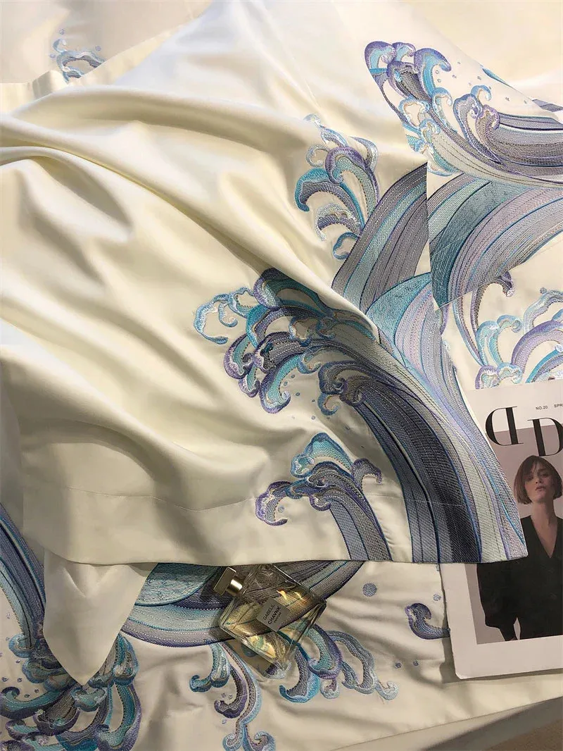 Flytonn-1200TC Egyptian Cotton Luxury Bedding Set Blue Tides Waves Embroidery Duvet Cover Set Flat/Fitted Bed Sheet Pillowcases