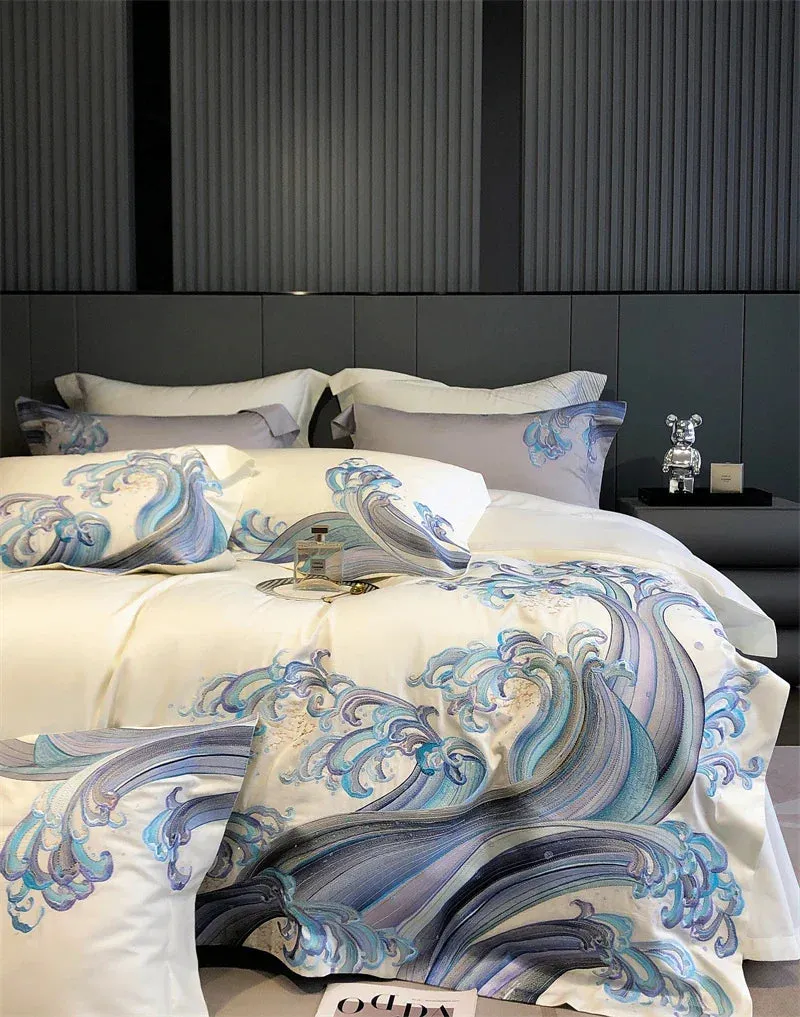 Flytonn-1200TC Egyptian Cotton Luxury Bedding Set Blue Tides Waves Embroidery Duvet Cover Set Flat/Fitted Bed Sheet Pillowcases