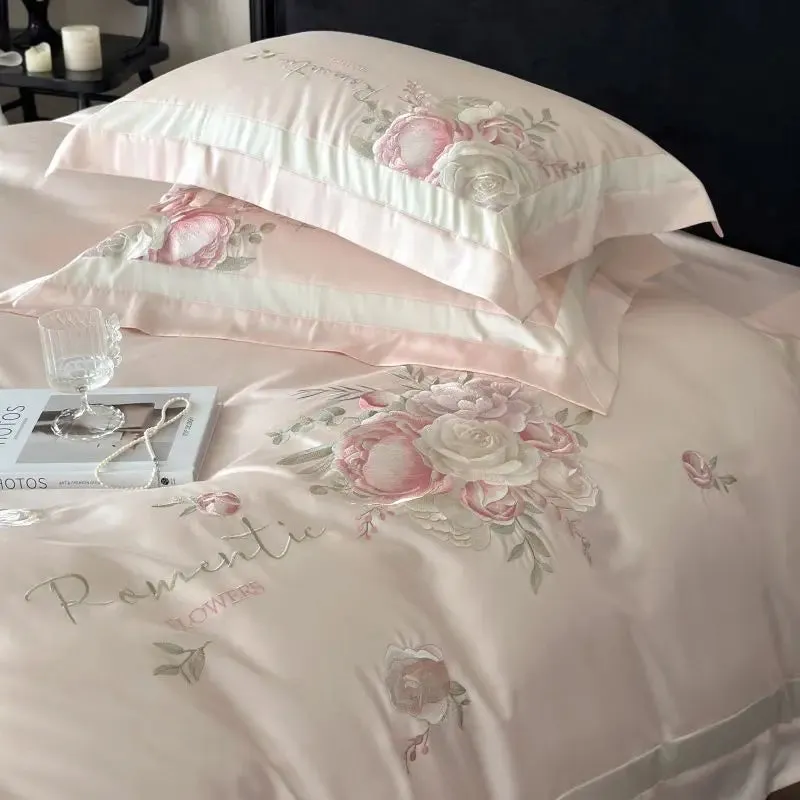 Flytonn-4Pcs Pink Champagne Blue Chic Flowers Embroidery Bedding Set 1000TC Egyptian Cotton Duvet Cover Flat/Fitted Bed Sheet Pillowcase