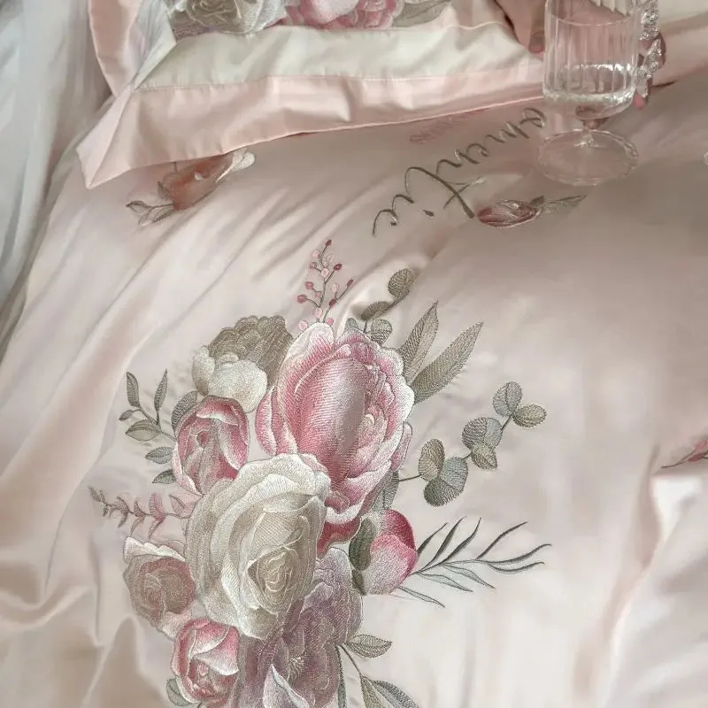 Flytonn-4Pcs Pink Champagne Blue Chic Flowers Embroidery Bedding Set 1000TC Egyptian Cotton Duvet Cover Flat/Fitted Bed Sheet Pillowcase