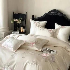 Flytonn-4Pcs Pink Champagne Blue Chic Flowers Embroidery Bedding Set 1000TC Egyptian Cotton Duvet Cover Flat/Fitted Bed Sheet Pillowcase