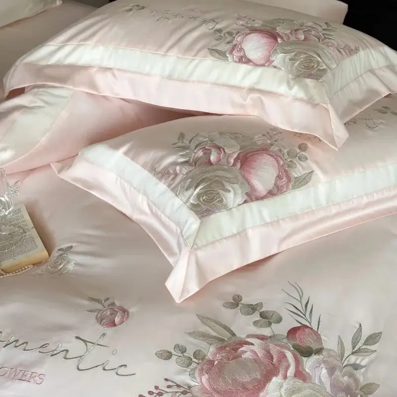 Flytonn-4Pcs Pink Champagne Blue Chic Flowers Embroidery Bedding Set 1000TC Egyptian Cotton Duvet Cover Flat/Fitted Bed Sheet Pillowcase