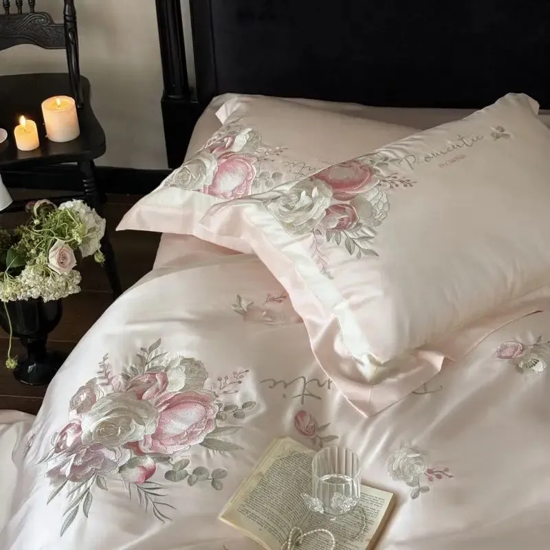 Flytonn-4Pcs Pink Champagne Blue Chic Flowers Embroidery Bedding Set 1000TC Egyptian Cotton Duvet Cover Flat/Fitted Bed Sheet Pillowcase